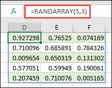 Fonction RANDARRAY entrée dans la cellule D1, déversant de D1 à F5.