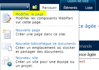 Commande Modifier la page du menu Actions du site