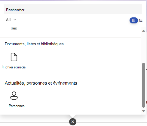 Capture d’écran du volet pour choisir un composant WebPart, montrant les composants WebPart Fichier et Média et Contacts.