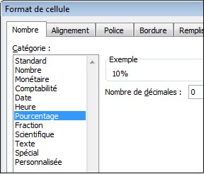 Catégorie Pourcentage dans la boîte de dialogue Format de cellule