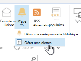 Bouton Gérer l’alerte SharePoint 2016 mis en évidence