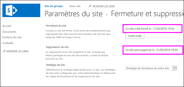 Page De fermeture et suppression de site affichant les dates