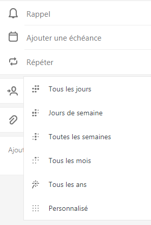 Répéter sélectionné avec la possibilité de choisir Tous les jours, Jours de la semaine, Toutes les semaines, Tous les mois, Tous les ans ou Personnalisé