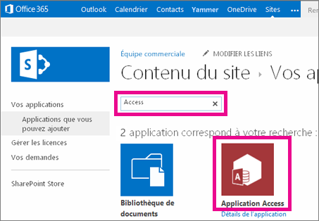 Rechercher une application Access à partir de la page Ajouter une application dans SharePoint