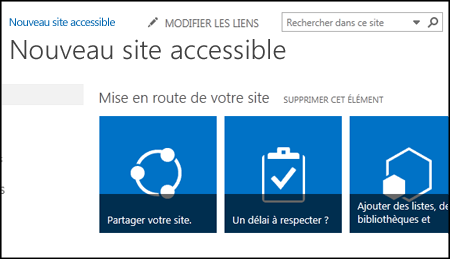 Capture d’écran d’un nouveau site SharePoint montrant les vignettes utilisées pour personnaliser le site