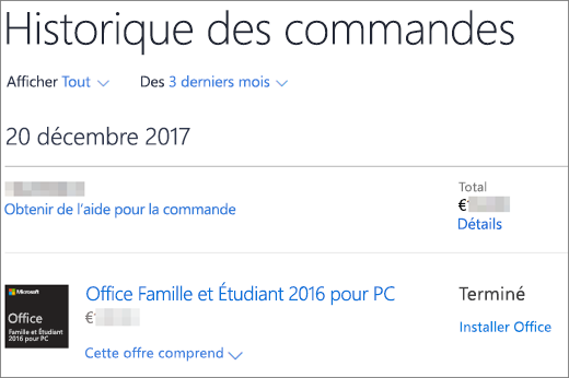 Affiche la page Historique des commandes dans le Microsoft Store