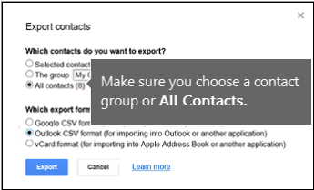 Sélectionnez les contacts à exporter et sélectionnez le format CSV Outlook pour exporter les contacts Google