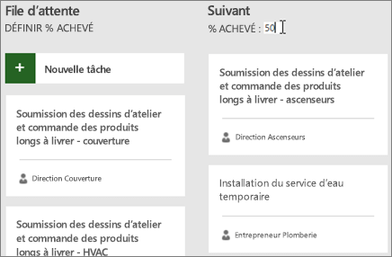 Capture d’écran du tableau de tâches, avec le curseur entrant le numéro 50 pour le pourcentage achevé