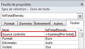 Expression dans la propriété Source contrôle d’une zone de texte