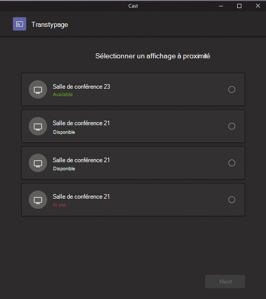 Fenêtre contextuelle qui répertorie les appareils de salle disponibles vers lesquels vous pouvez effectuer un cast.