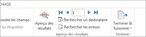 Capture d’écran de l’onglet Publipostage dans Word, montrant le groupe Aperçu des résultats