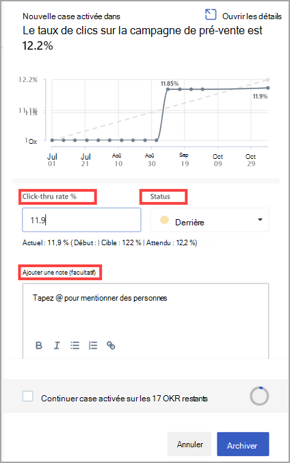 Capture d’écran montrant la progression de la mise à jour et l’ajout d’une note