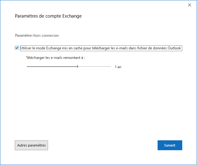 Boîte de dialogue Configuration du compte, page Paramètres du compte Exchange.