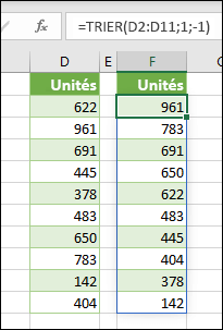 Trier les valeurs dans les cellules D2:D11 avec =SORT(D2:D11,1,-1)