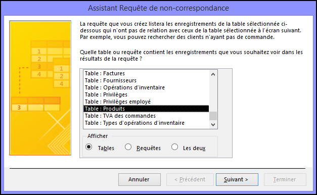 Sélectionnez une table ou requête dans la boîte de dialogue Assistant Requête de non-correspondance.