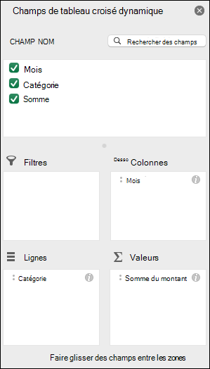 Exemple de boîte de dialogue Champs de tableau croisé dynamique Excel