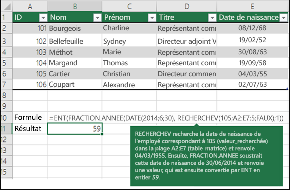 =ENT(FRACTION.ANNEE(DATE(2014,6,30),RECHERCHEV(105,A2:E7,5,FLASE),1))



RECHERCHEV recherche la date de naissance de l’employé correspondant à 109 (valeur_recherche) dans la plage A2:E7 (table_matrice) et retourne le 04/03/1955. Ensuite, FRACTION.ANNEE soustrait cette date de naissance de 2014/6/30 et retourne une valeur, qui est ensuite convertie par ENT en entier 59.