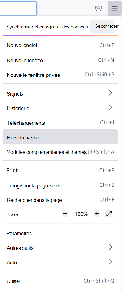 Menu principal dans Firefox avec l’option Mots de passe sélectionnée.