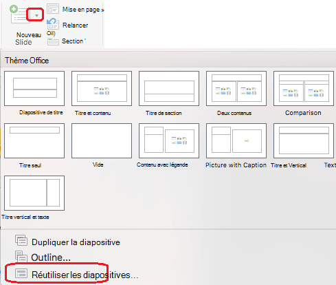 Le menu Nouvelle diapositive inclut une commande Réutiliser les diapositives.