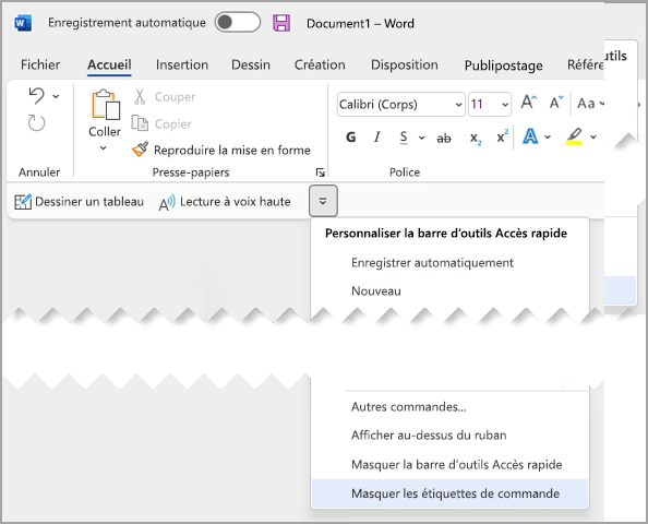 Barre d’outils Accès rapide, sélectionnez Masquer les étiquettes de commande