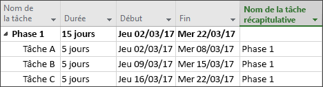 Champs Nom de la tâche récapitulative