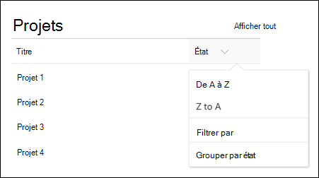 List web part with sort, filter, and group menu