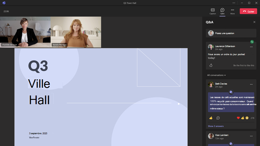 Capture d'écran de la vue des participants à l'assemblée affichant les présentateurs et la fonctionnalité Q&R