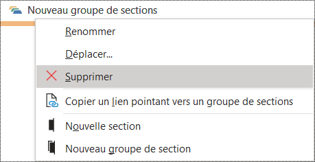 Supprimer un groupe de sections dans une boîte de dialogue OneNote pour Windows