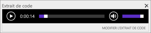 SharePoint Online avec la barre de contrôle audio Extrait de code affichant la durée totale d’un fichier audio et contenant le contrôle permettant de démarrer et d’arrêter la lecture du fichier.