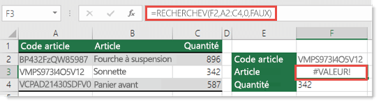 L’erreur #VALEUR! est générée lorsque l'argument no_index_col est inférieur à 1.