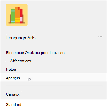 Capture d'écran de la navigation de gauche dans Teams. Une liste montre le bloc-note de la classe, les devoirs, les notes et les informations.