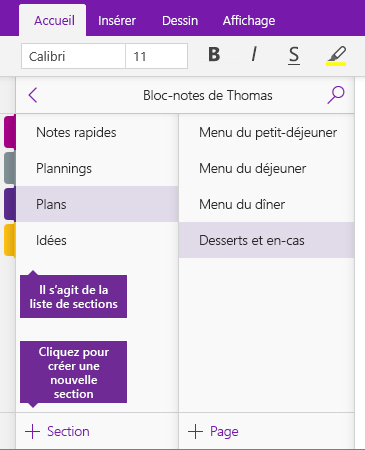 Capture d'écran du bouton Ajouter une section dans OneNote