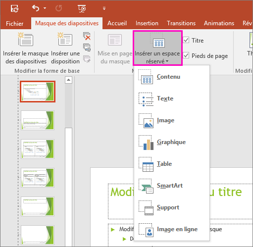 Bouton Insérer un espace réservé en mode Masque des diapositives dans PowerPoint