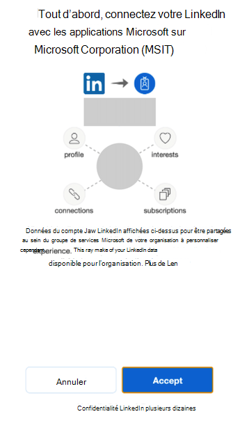 Une fenêtre contextuelle pour connecter votre compte LinkedIn aux applications Microsoft.