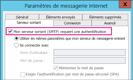 Sélectionnez mon serveur sortant requiert une authentification.