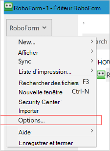 Menu Options RoboForm sur ordinateur de bureau