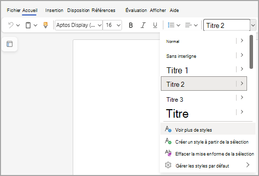 Affiche la liste Styles dans Word pour le web, avec « Afficher plus de styles » mis en évidence en bas de la liste.