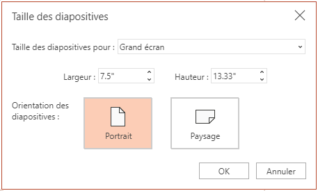 Dans la boîte de dialogue Taille des diapositives, vous pouvez choisir entre des proportions standard ou grand écran, et entre une orientation paysage ou portrait.