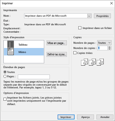 Options de la boîte de dialogue Imprimer Outlook