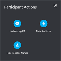 Sélectionnez Actions des participants pour couper le son de tous les participants, masquer leurs noms ou désactiver la fenêtre de messagerie instantanée.
