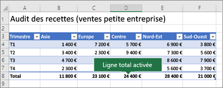 Tableau Excel avec option Ligne des totaux activée