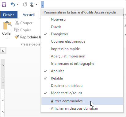 Sélection de commandes supplémentaires pour la barre d’outils Accès rapide