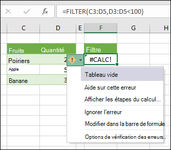 #CALC! erreur - Tableau vide