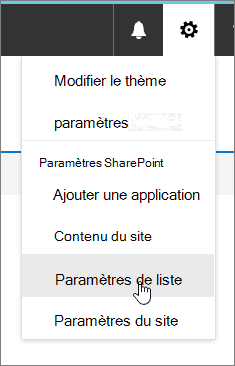 Menu Paramètres avec Paramètres de la liste mis en évidence