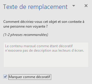 Volet Texte de remplacement pour les éléments décoratifs Word Win32