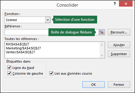 Boîte de dialogue Consolidation des données