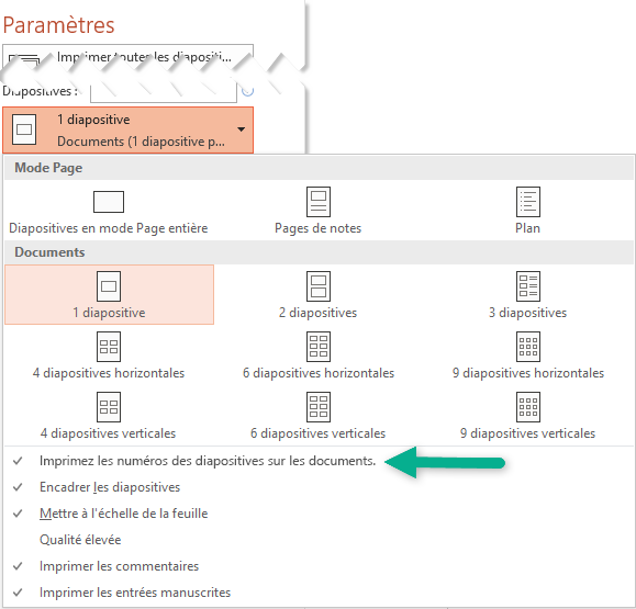 Imprimez les numéros des diapositives sur les documents.