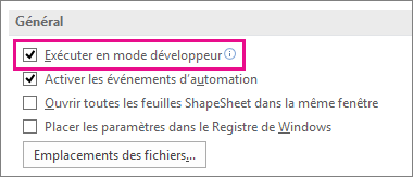 Case à cocher Exécuter en mode développeur