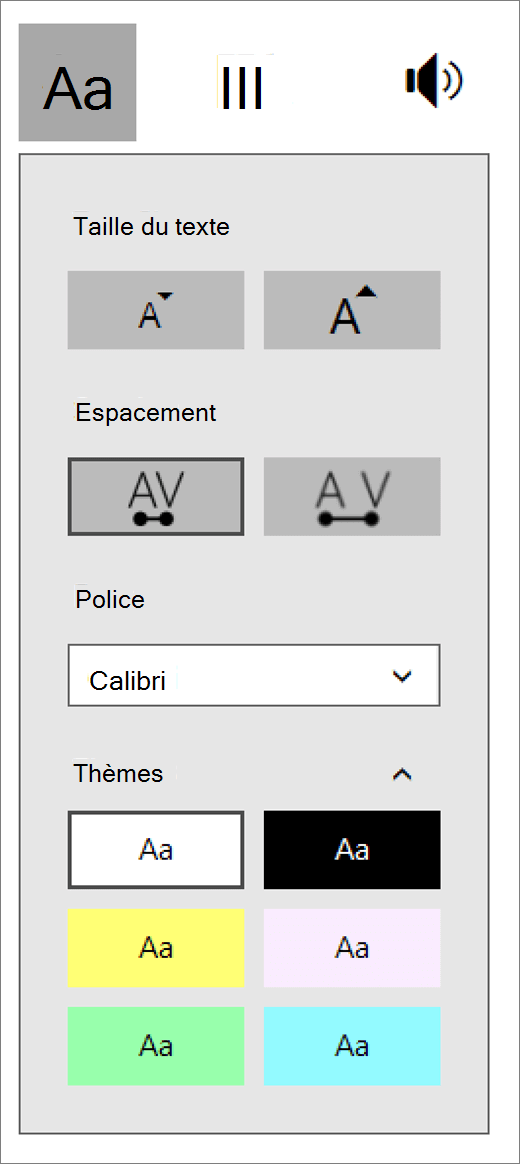 Menu Options de texte dans Lecteur immersif