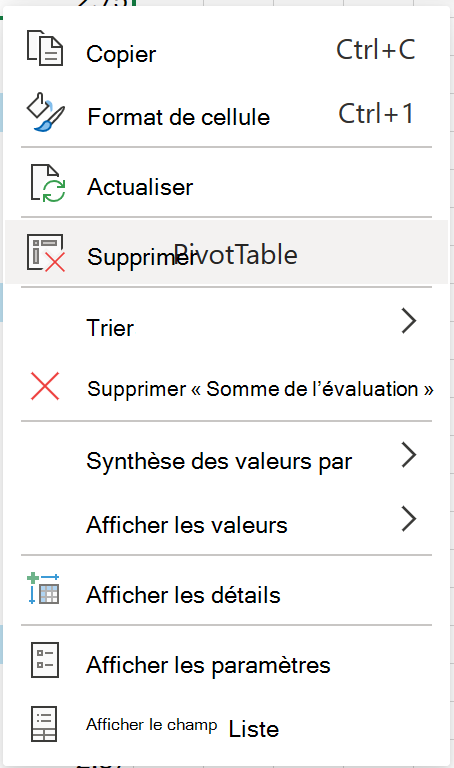 Supprimez le tableau croisé dynamique du menu contextuel sur le web.